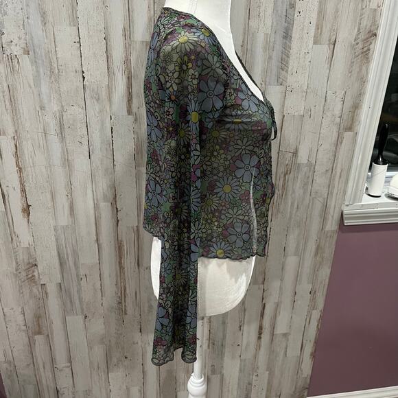 Women’s Sheer Groovy Floral Tie Front Bell Sleeve Festival Top Size Small - Picture 3 of 6